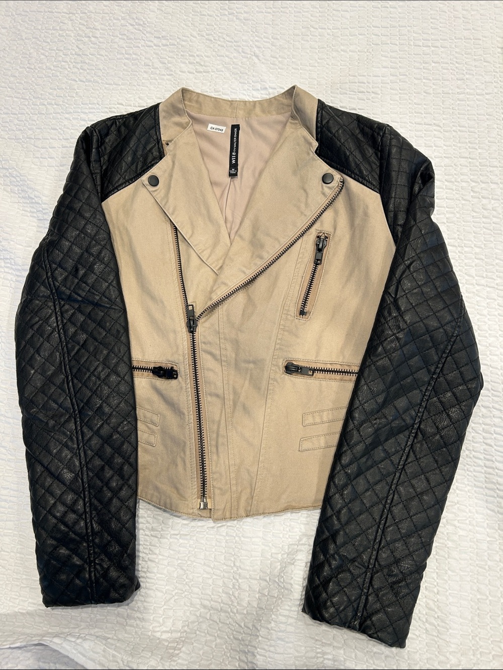 W118 by Walter Baker Beige Body with Black Quilted Sleeve Vegan Leather Jacket